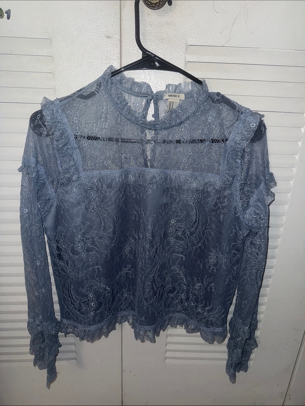 Forever 21 Dusty Blue Lace Long-Sleeve Top